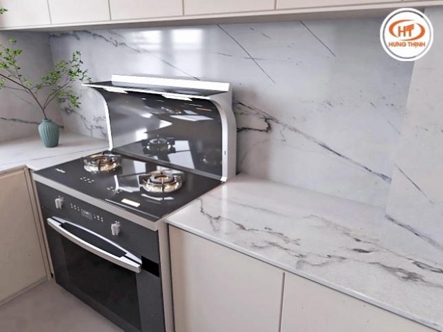 Đá bếp trắng Thạch Anh Casablanca với đường vân mây ngẫu nhiên