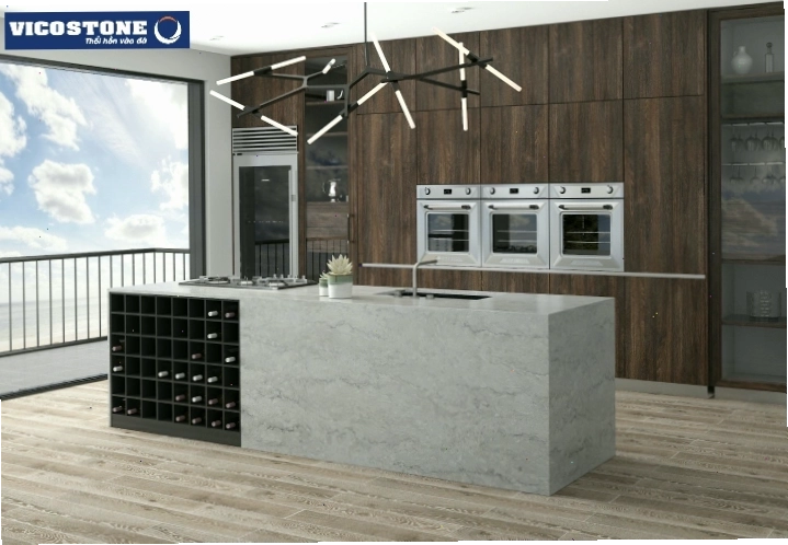Đá bếp trắng vân mây Vicostone Elysian BQ8884 ốp bàn đảo bếp