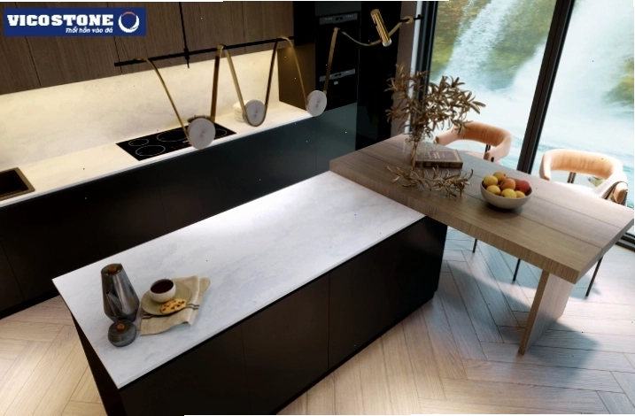Đá bếp trắng vân mây Vicostone Gan Eden BQ8881 ốp tường, bàn bếp, đảo bếp