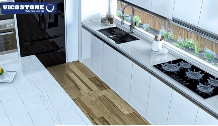 Đá bếp trắng vân mây Vicostone Luce Di Luna BQ8690 ốp bàn bếp, đảo bếp