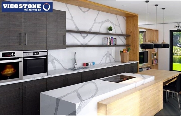 Đá bếp trắng vân mây Vicostone Tuscany BQ8811 ốp tường, bàn bếp, đảo bếp