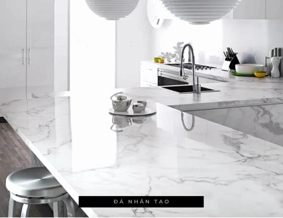 Đá nhân tạo màu trắng vân xám sang trọng cho mặt bếp