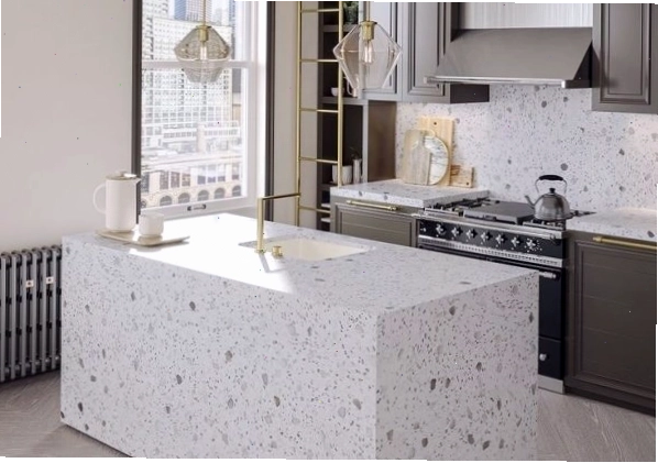 Đá Terrazzo ốp bếp với đảo bếp và tường bếp