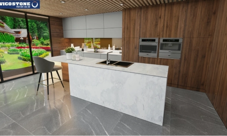 Đá VICOSTONE Gan Eden BQ8881 với vân mây bay bổng, lãng mạn cho đảo bếp