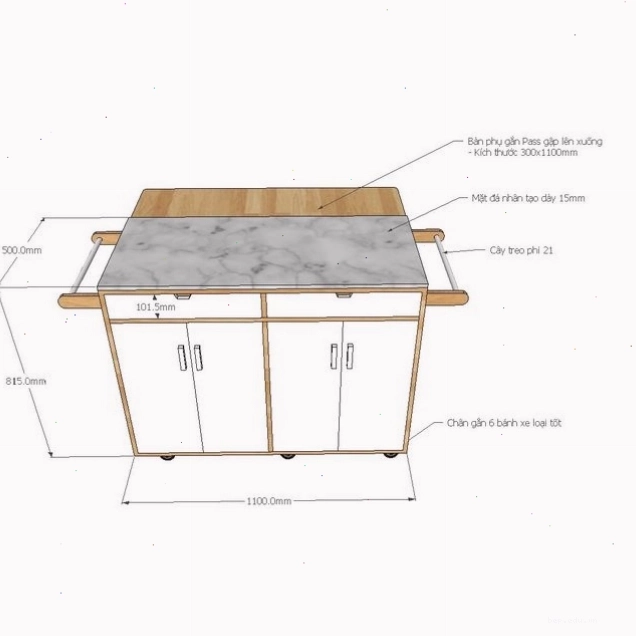 Đảo bếp di động mặt đá với nhiều ngăn chứa đồ