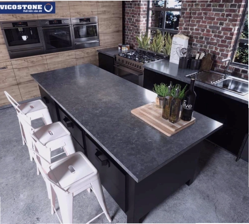 Đảo bếp hình chữ nhật đơn giản ốp đá Vicostone Tartufo