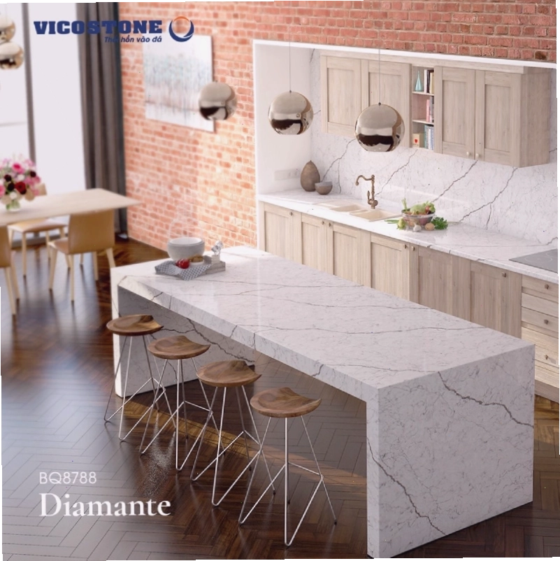 Đảo bếp kết hợp bàn ăn đá Vicostone Diamante BQ8788 thu hút mọi ánh nhìn