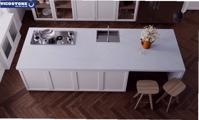 Đảo bếp màu trắng tinh khôi ốp đá Vicostone Bettoglio