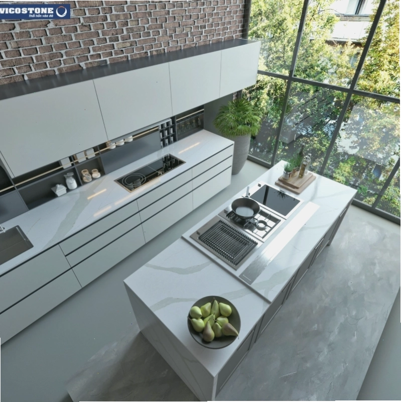 Đảo bếp ốp đá Vicostone Calacatta với đường vân mạnh mẽ