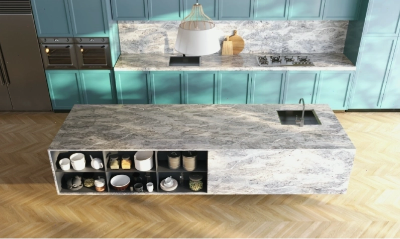Đảo bếp sử dụng đá VICOSTONE Allurio BQ7701 với lớp vân trầm tích ngàn năm