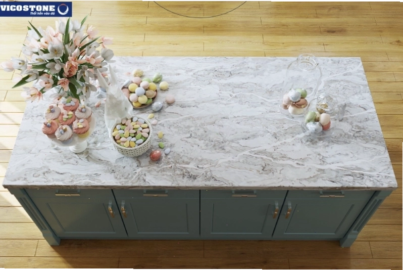 Đảo bếp thanh lịch với đá VICOSTONE Moonglade BQ7702 vân màu xám trắng vàng