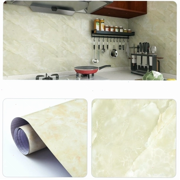 Decal dán bếp vân đá vàng nhạt an toàn cho sức khỏe