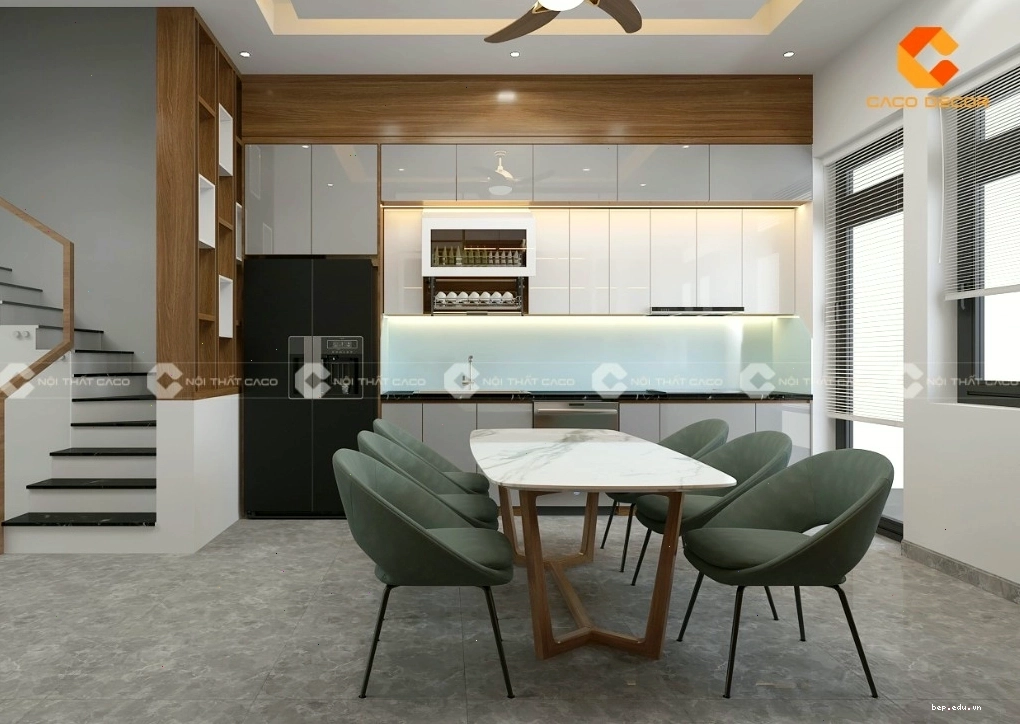 Không gian bếp hiện đại với tủ bếp acrylic bóng gương màu xám