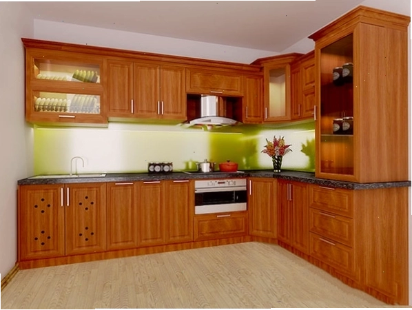 Không gian bếp hiện đại với tủ bếp gỗ xoan đào và các thiết bị bếp cao cấp