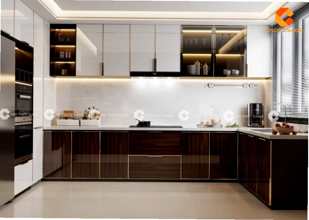 Không gian bếp thoáng đãng với tủ bếp acrylic