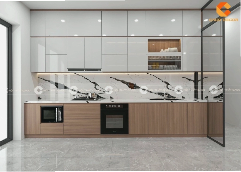 Khu vực nấu nướng sạch sẽ với tủ bếp acrylic
