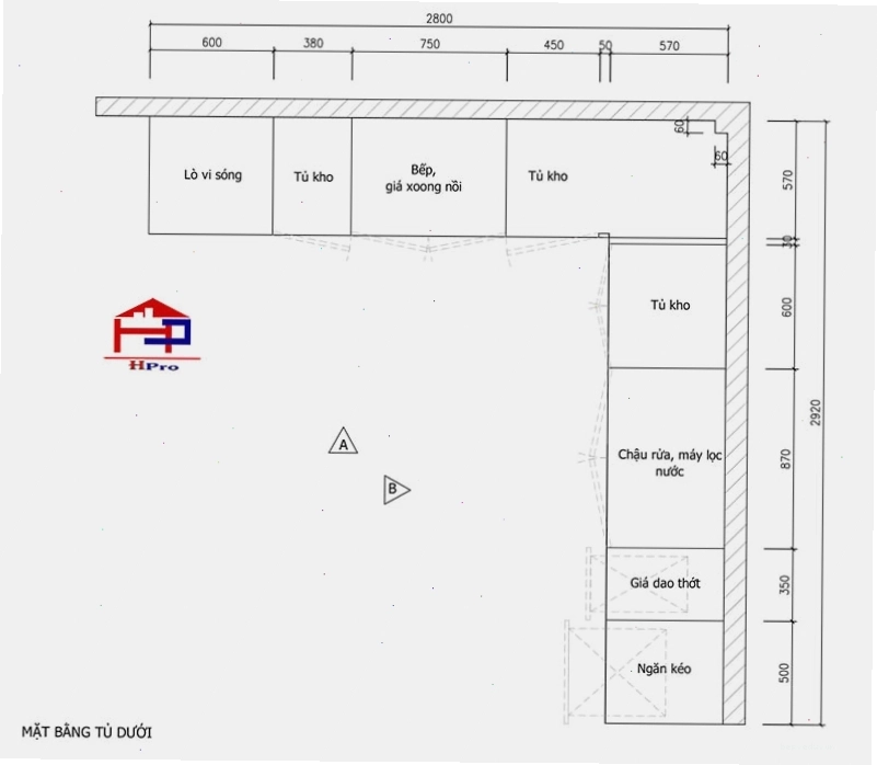 Khu vực soạn thực phẩm và nấu nướng trong tủ bếp gỗ xoan đào TBXD24