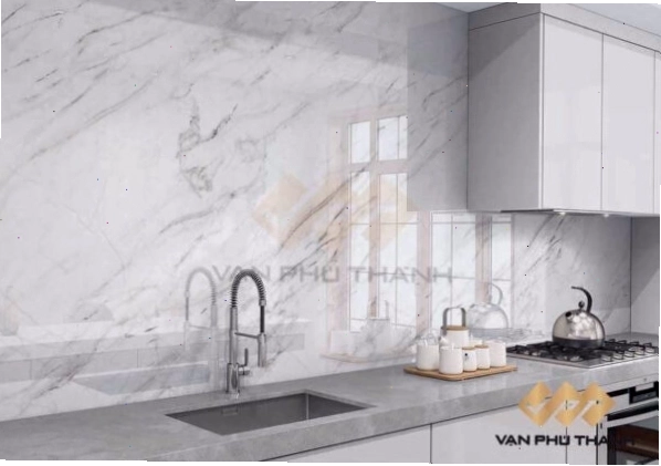 Lắp đặt kính ốp bếp vân đá cho tủ bếp