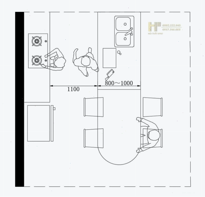 Mặt bàn đảo bếp hình chữ nhật rộng rãi với chất liệu đá cao cấp