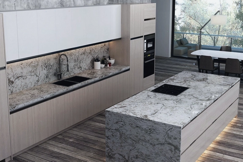 Mặt bếp được làm bằng đá Ceramic có độ cứng và khả năng chịu nhiệt cao