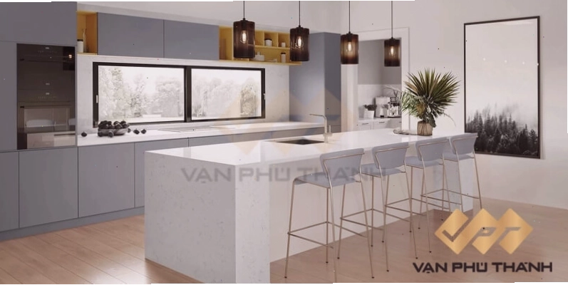 Mặt đá bếp màu trắng Solid Surface liền mạch, hiện đại