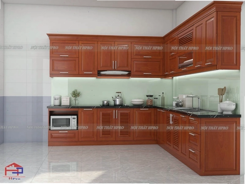 Mặt trước của tủ bếp gỗ xoan đào TBXD24