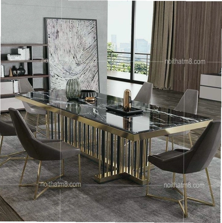 Mẫu bàn ăn mạ vàng mặt đá tự nhiên đẹp ấn tượng M8-4134