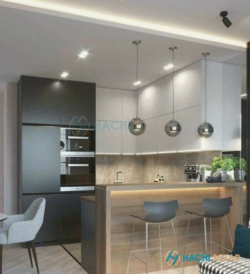 Mẫu quầy bar phòng bếp có thiết kế ánh sáng đơn giản nhưng ấm áp
