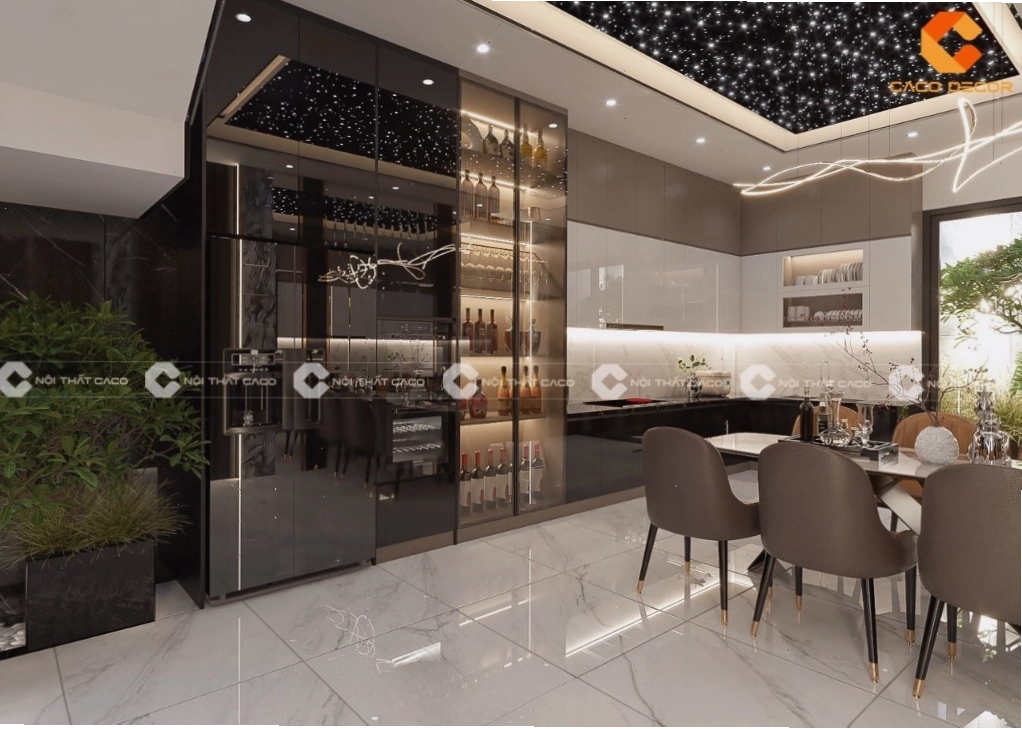 Mẫu tủ bếp acrylic bóng gương chữ L tiện dụng