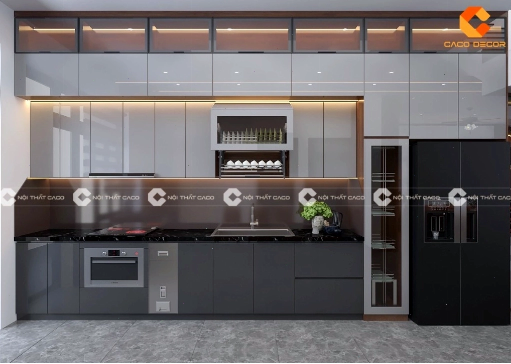 Mẫu tủ bếp acrylic bóng gương màu trắng sang trọng