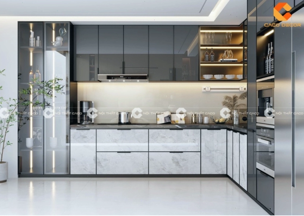 Mẫu tủ bếp acrylic màu trắng bóng gương hiện đại