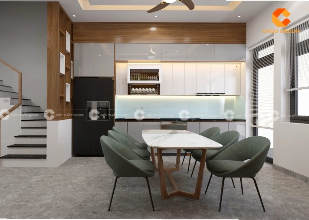 Mẫu tủ bếp acrylic trắng bóng gương