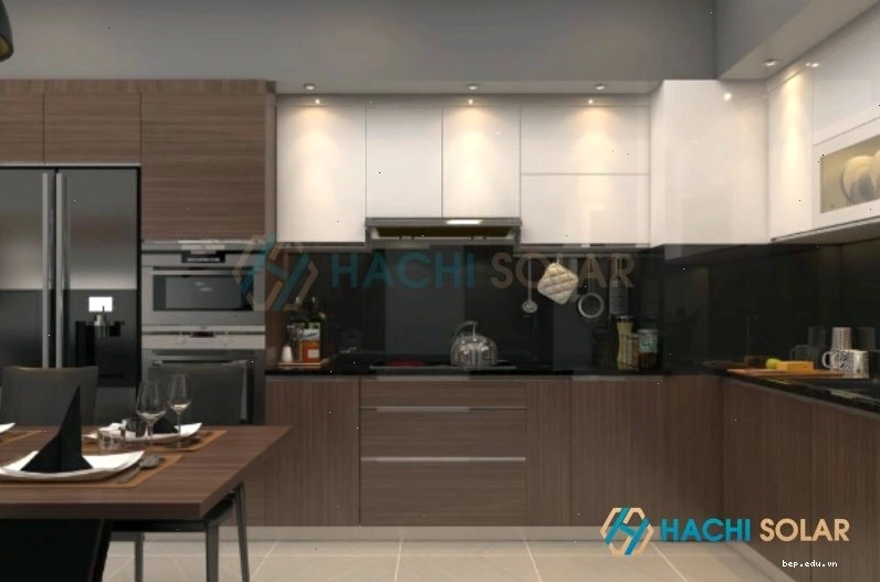 Mẫu tủ bếp âm tường chữ L hiện đại tích hợp các thiết bị bếp
