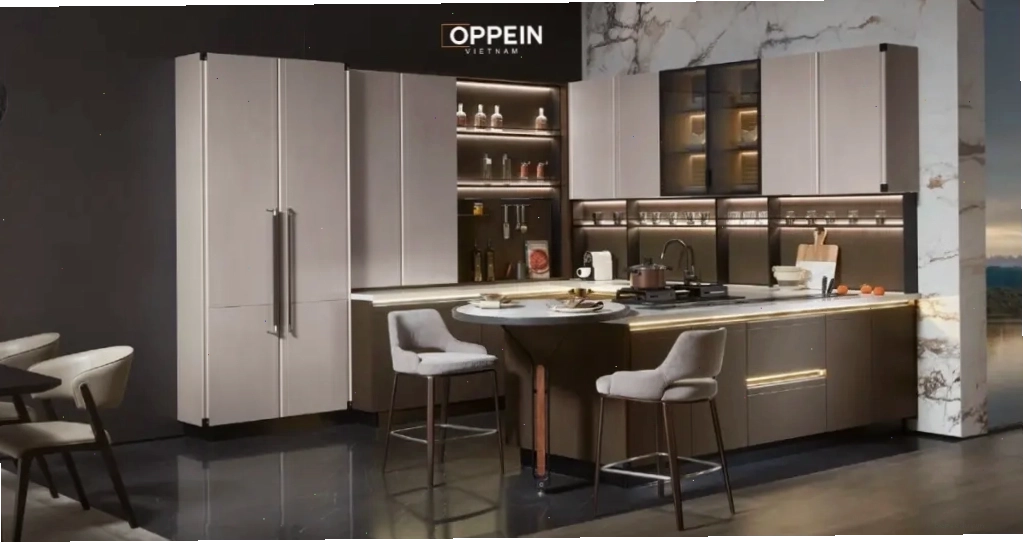 Mẫu tủ bếp đẹp chữ G với quầy bar mini tiện lợi