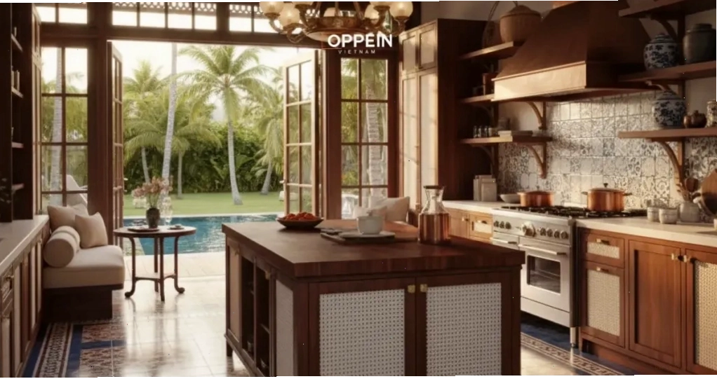 Mẫu tủ bếp đẹp phong cách Indochine với các chi tiết chạm khắc tinh tế
