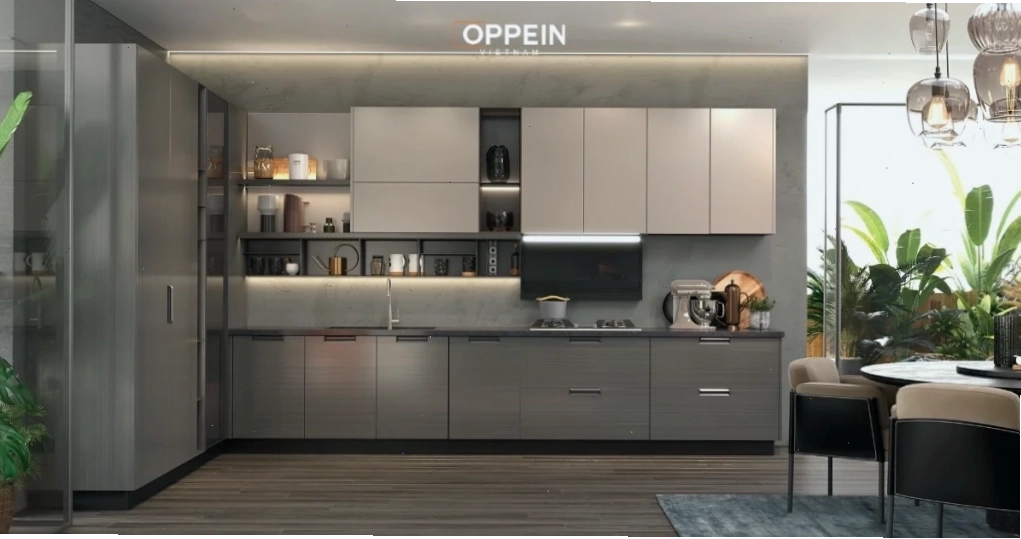 Mẫu tủ bếp đẹp phong cách tối giản với bề mặt bóng gương