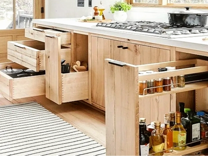 Mẫu tủ bếp dưới thiết kế âm tay nắm tạo sự liền mạch