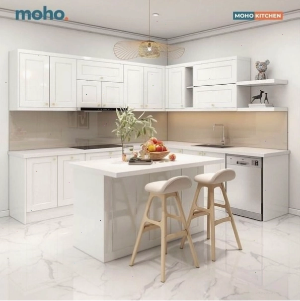 Mẫu tủ bếp gỗ chữ L kết hợp đảo bếp tiện lợi, tăng không gian lưu trữ và chế biến