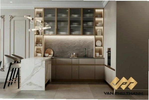 Mẫu tủ bếp gỗ thẳng chữ i kèm đảo bếp, sang trọng và tiện nghi