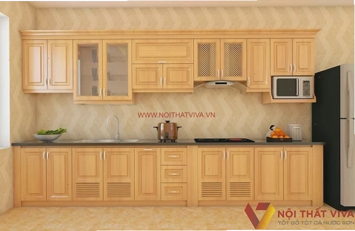 Mẫu tủ bếp gỗ tự nhiên chữ I đẹp, hiện đại, màu sắc tươi sáng
