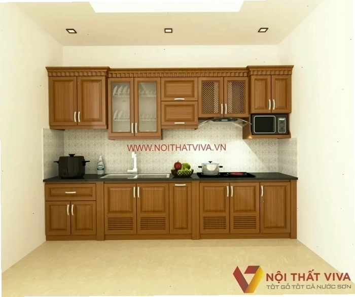 Mẫu tủ bếp gỗ xoan đào tự nhiên hiện đại với thiết kế thông minh