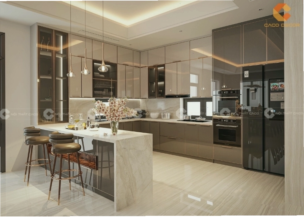 Mẫu tủ bếp hiện đại phong cách tối giản với bề mặt acrylic bóng gương