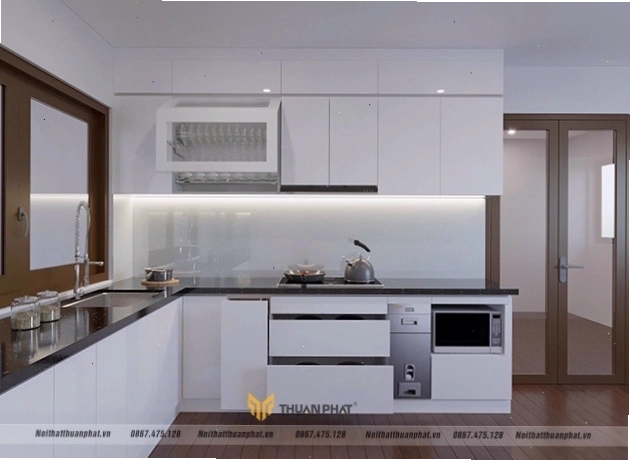 Mẫu tủ bếp inox cánh Acrylic màu trắng sáng, tăng cảm giác rộng rãi cho căn bếp