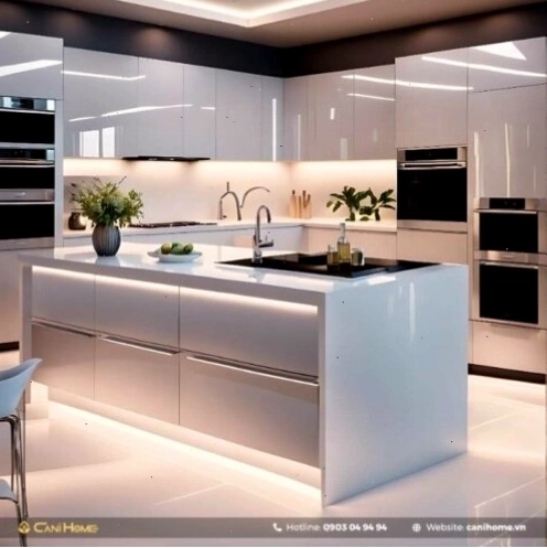 Mẫu tủ bếp inox cánh kính hiện đại với khung tủ bếp inox 304