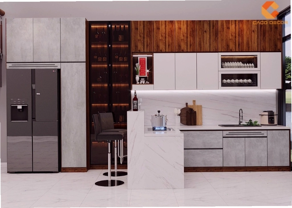 Mẫu tủ bếp MDF với cánh tủ màu trắng và thùng tủ màu gỗ tự nhiên