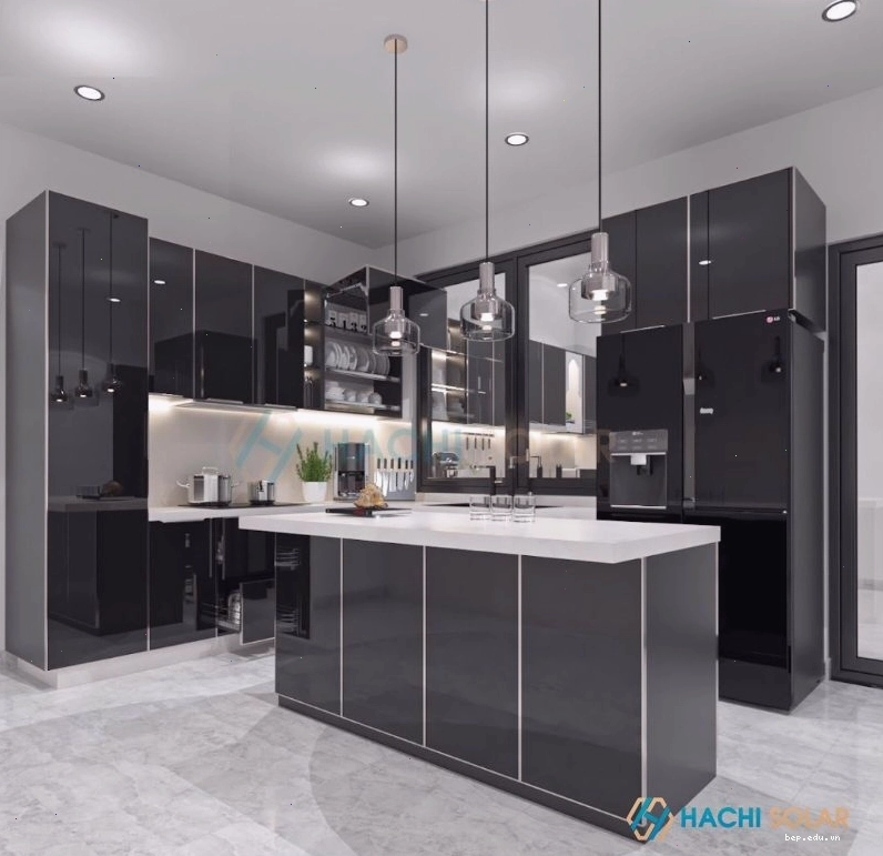 Mẫu tủ bếp nhôm hợp kim cánh kính màu đen bóng sang trọng