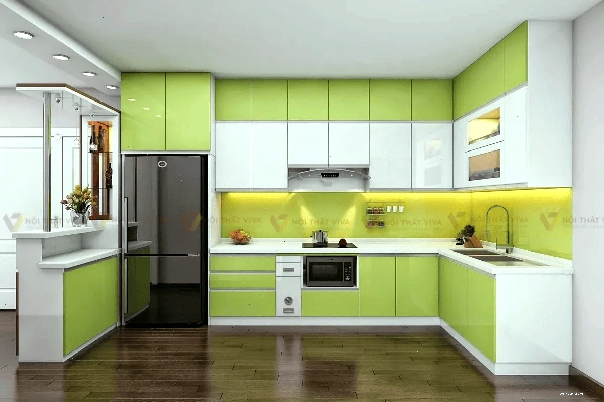Mẫu tủ bếp nhựa acrylic bóng gương sang trọng