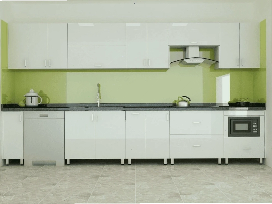 Mẫu tủ bếp nhựa chữ L hiện đại với bề mặt Acrylic bóng gương