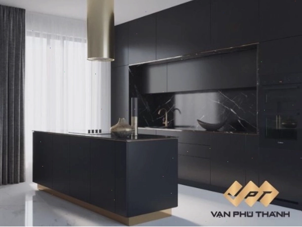 Mẫu tủ bếp thẳng chữ i màu đen tuyền sang trọng và phá cách