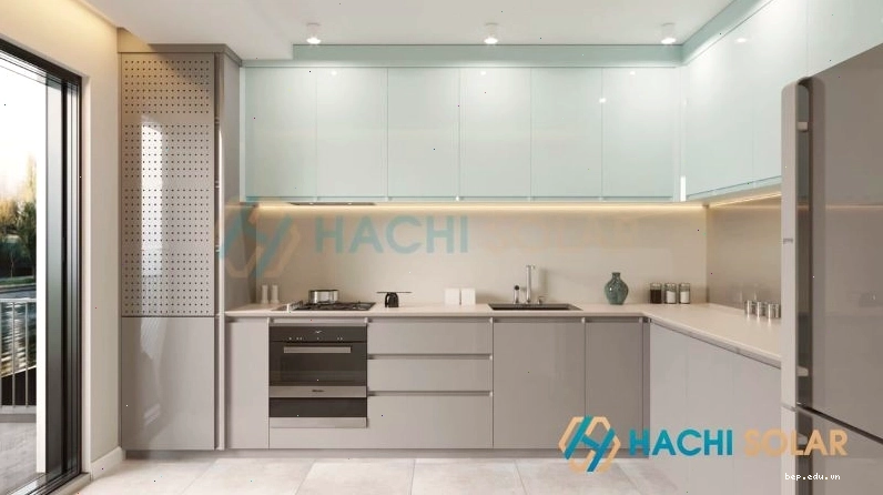 Mẫu tủ bếp treo tường giá rẻ chất liệu nhôm kính với màu sắc nhẹ dịu, tạo cảm giác thư thái
